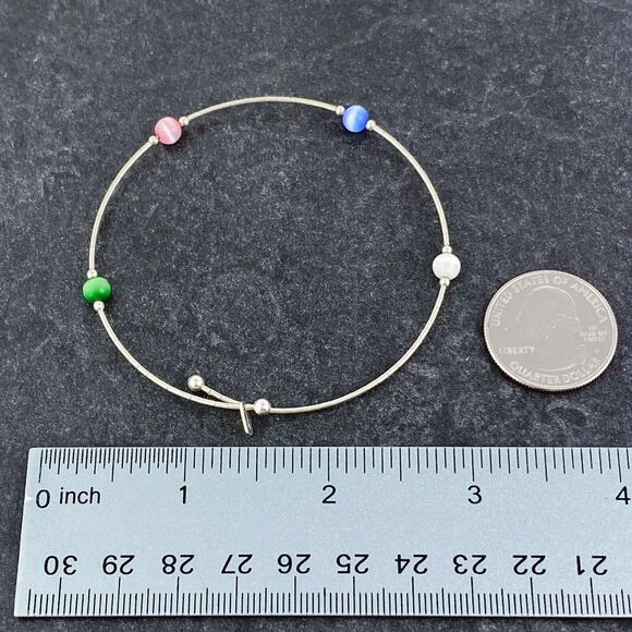 Sterling Silver 925 Memory Wire Multicolor Simulated Cat's Eye Bracelet 7" - Picture 5 of 5